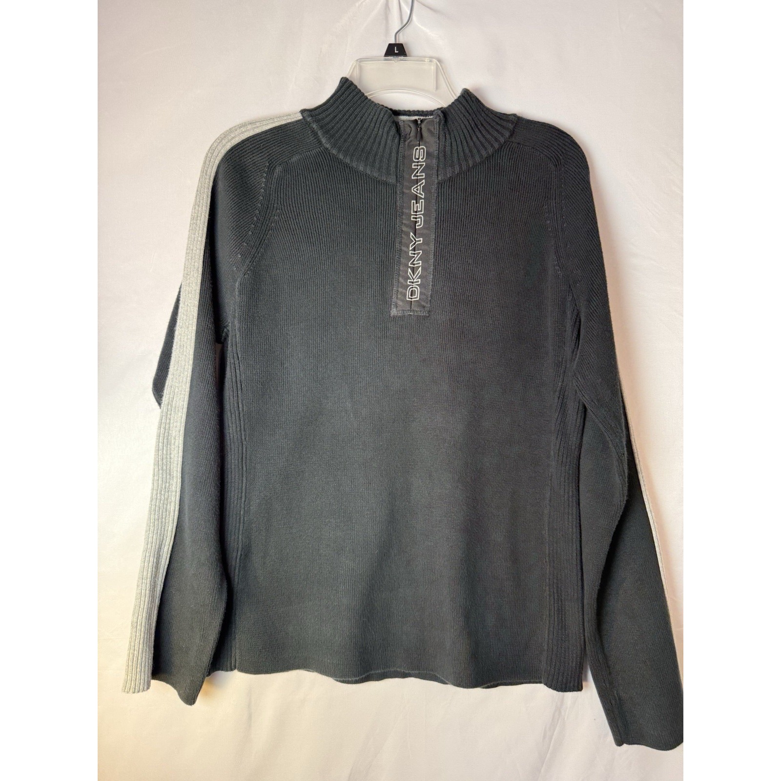 Y2k Ribbed Knit Dkny Jeans Sweater Size Xl Blk Grey Logo Spellout Cotton 1/4 Zip